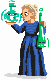 fun color hand-drawn cartoon character illustration of Marie Curie-Sklodowska dressed in a blue dress, holding vials with elements