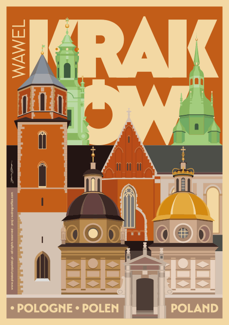 geometric retro style travel poster design with Wawel Cathedral in Poland