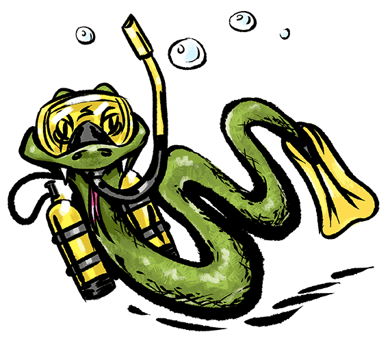 hand-drawn color cartoon drawing of a green snake wearing scuba diving equipment