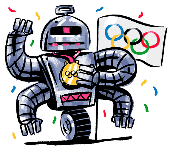 hand-drawn color cartoon drawing of a robot winning gold in the Olympics