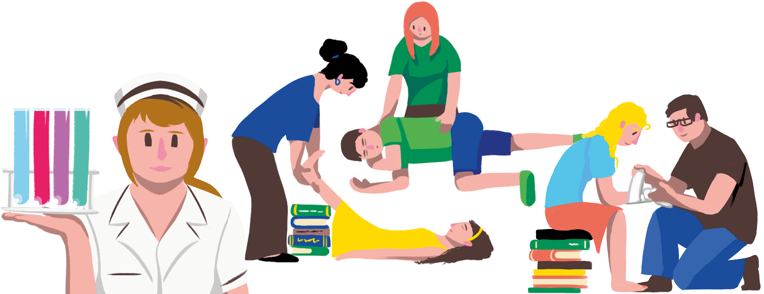 simple colorful hand-drawn illustrations of pepole practicing first aid at school