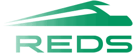 simplistic logo design depicting an approaching train, designed for Raiload Eco Drive System, REDS
