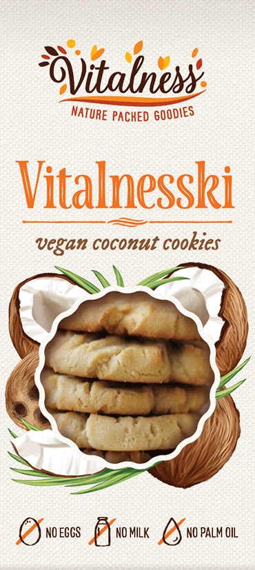 retro label design for vegan cookies packaging with a hand-painted coconut illustration