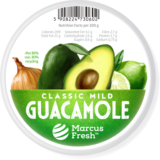 label designs for packaging of vegetarian natural, mild, spicy and mediterranean avocado guacamole featuring a hand-painted realistic illustration of the ingredients