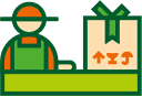 geometric icon color vector illustration of an employee with a package on the counter as a symbol of personal pickup in online store