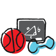 hand-drawn colors icon symbol pictogram for the city of Katowice depicting, in the form of a blackboard and ball, investments in education and sports