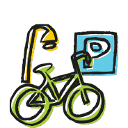 Hand-drawn color icon pictogram for the city of Katowice showing, in the form of bike, parking sign and citylight, investments in road and bicycle infrastructure