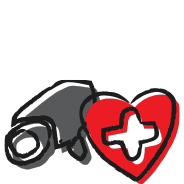 Hand-drawn color icon pictogram for the city of Katowice showing, in the form of surveillance cameras and hearts, investments in safety and health protection