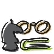 Hand-drawn color icon pictogram for the city of Katowice showing, in the form of a reading glasses, a book and a chess piece, investments in tasks addressed to seniors