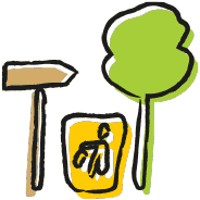 Hand-drawn color icon pictogram for the city of Katowice showing, in the form of a wayfinding sign, trash can and tree, investments in urban greenery and small architecture