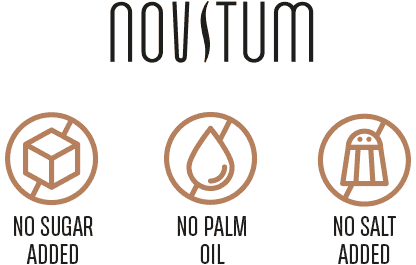 design of linear benefit benefit pictograms for Novitum brand health food packaging denoting a product without palm oil, added sugar and salt