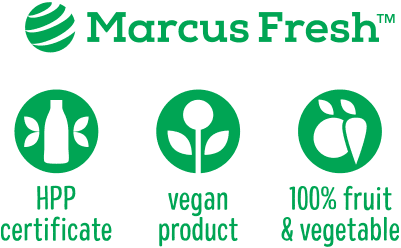 design of geometric benefit icons for Marcus Fresh brand health food packaging denoting a product that is vegan, HPP technology certified and made from 100% fruits and vegetables
